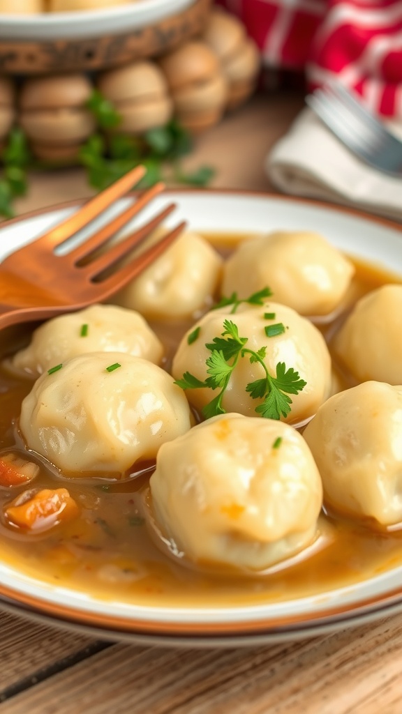 Traditional German potato dumplings in gravy, garnished with parsley, on a rustic plate.